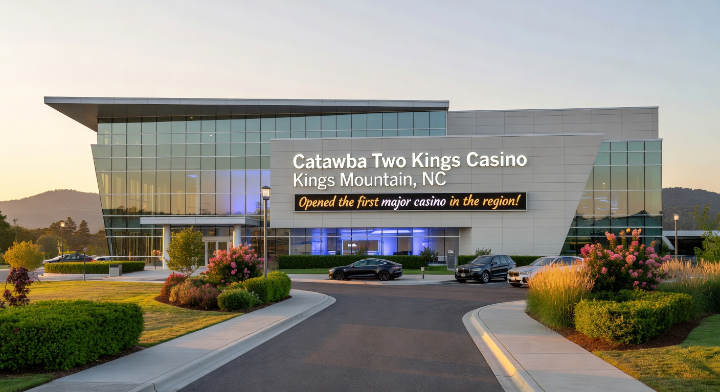 Interior of the Two Kings Casino showing rows of slot machines, table game areas, and food and beverage stations during the opening phase