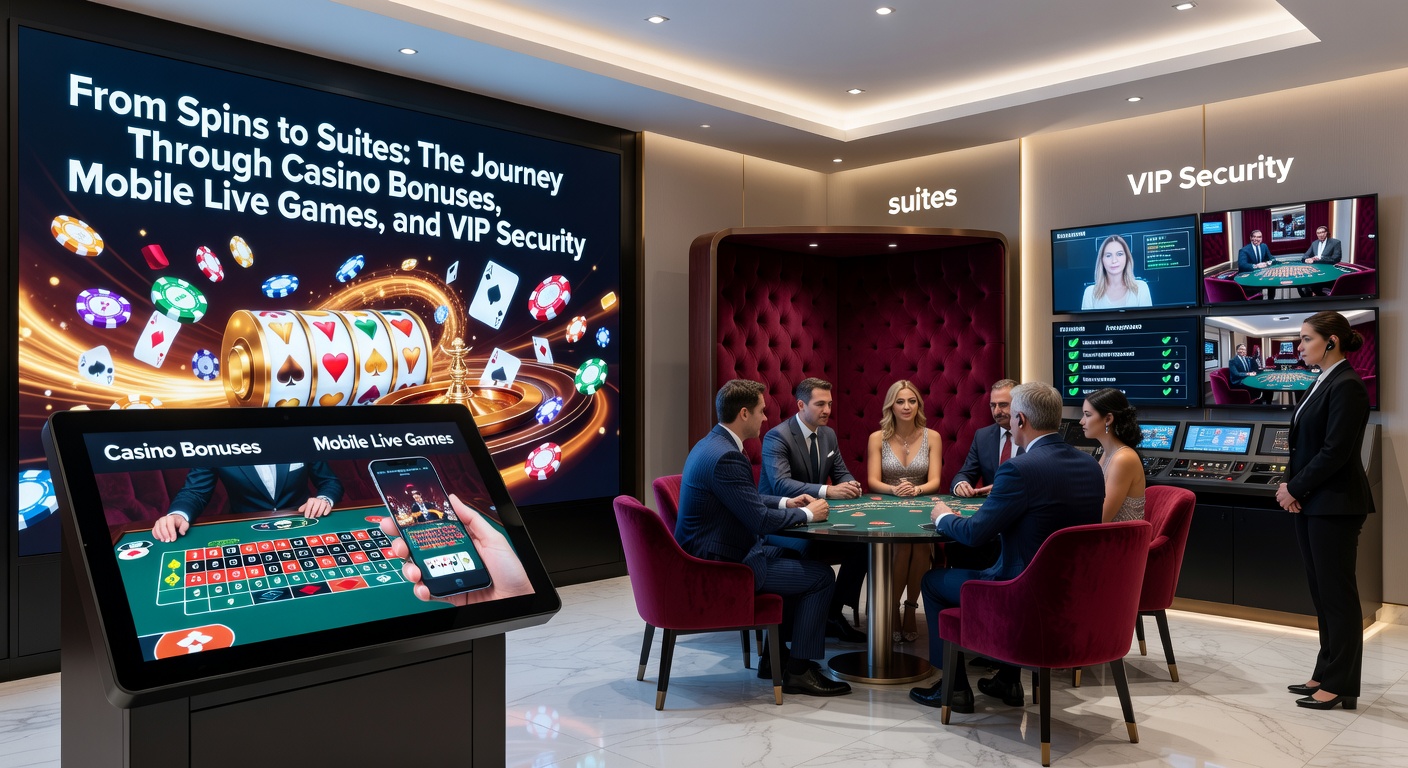 Vibrant casino floor blending slot machines, live dealer tables on mobile screens, and secure VIP lounges under soft lighting
