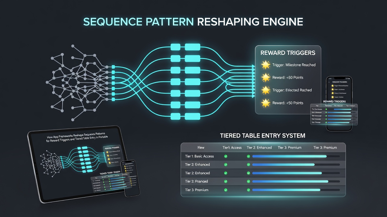 Diagram showing tiered progression tables and reward trigger flows within modern mobile game frameworks