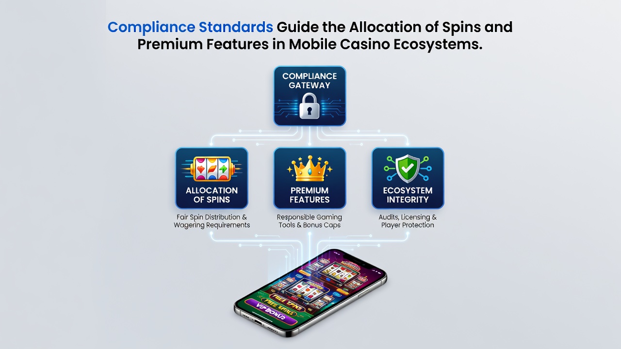 Mobile casino interface showing spin allocation and compliance indicators