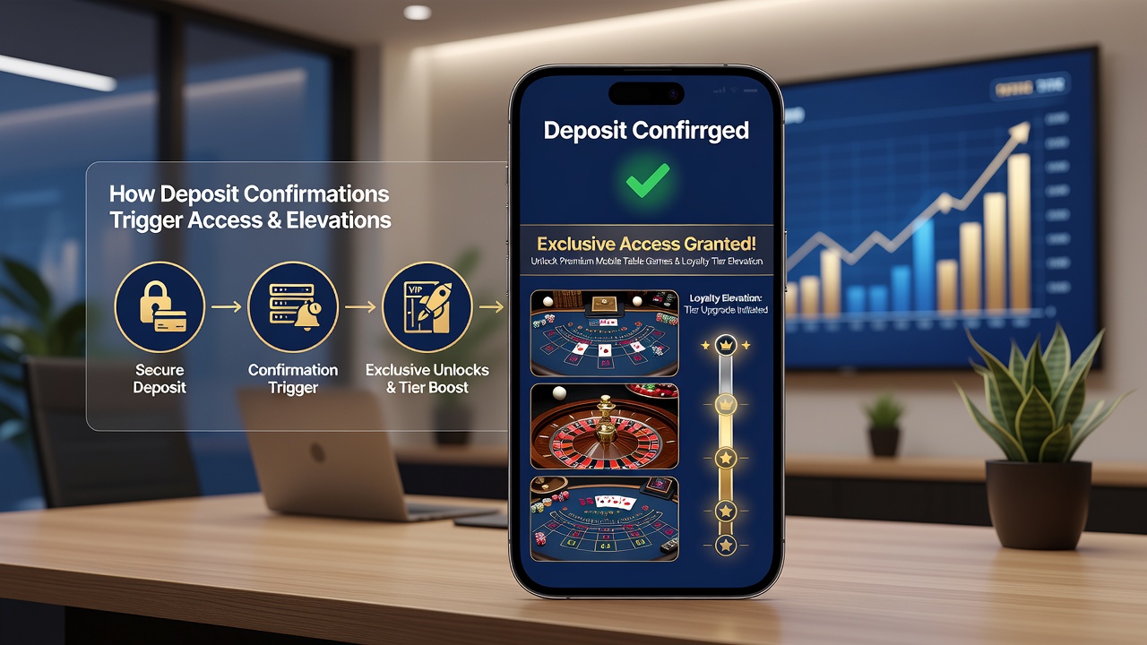 Mobile casino interface showing deposit confirmation leading to exclusive table game access