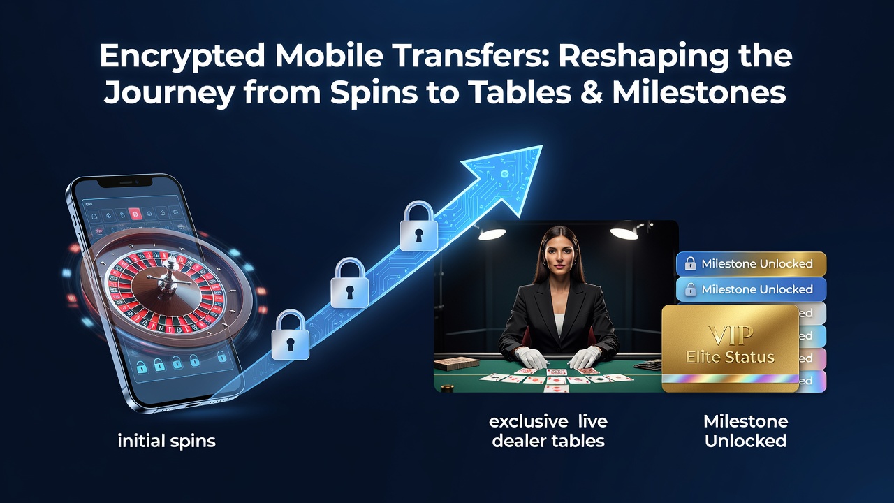 Illustration of encrypted mobile transfer icons connecting slot machines to live dealer tables in a casino app interface
