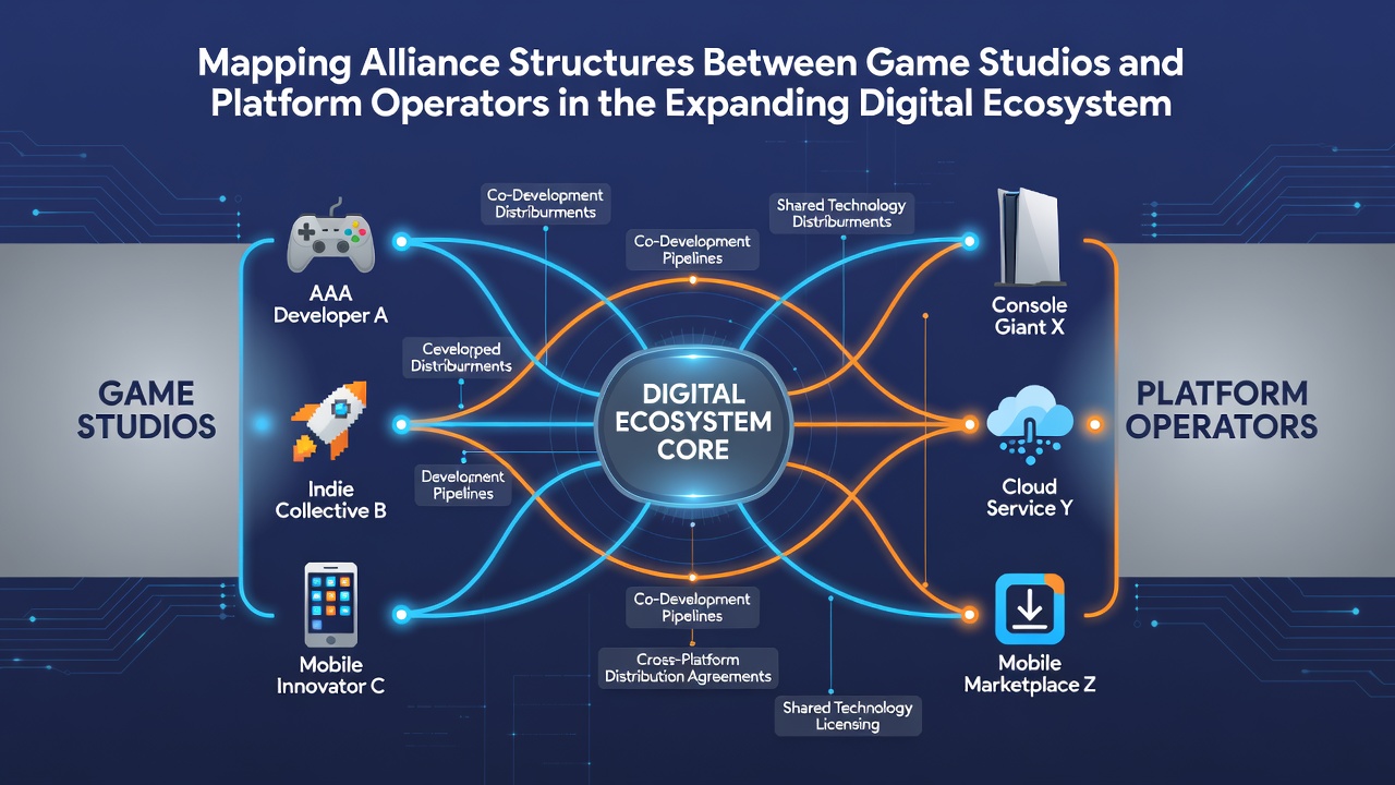 Infographic illustrating alliance mapping between studios and operators across regions