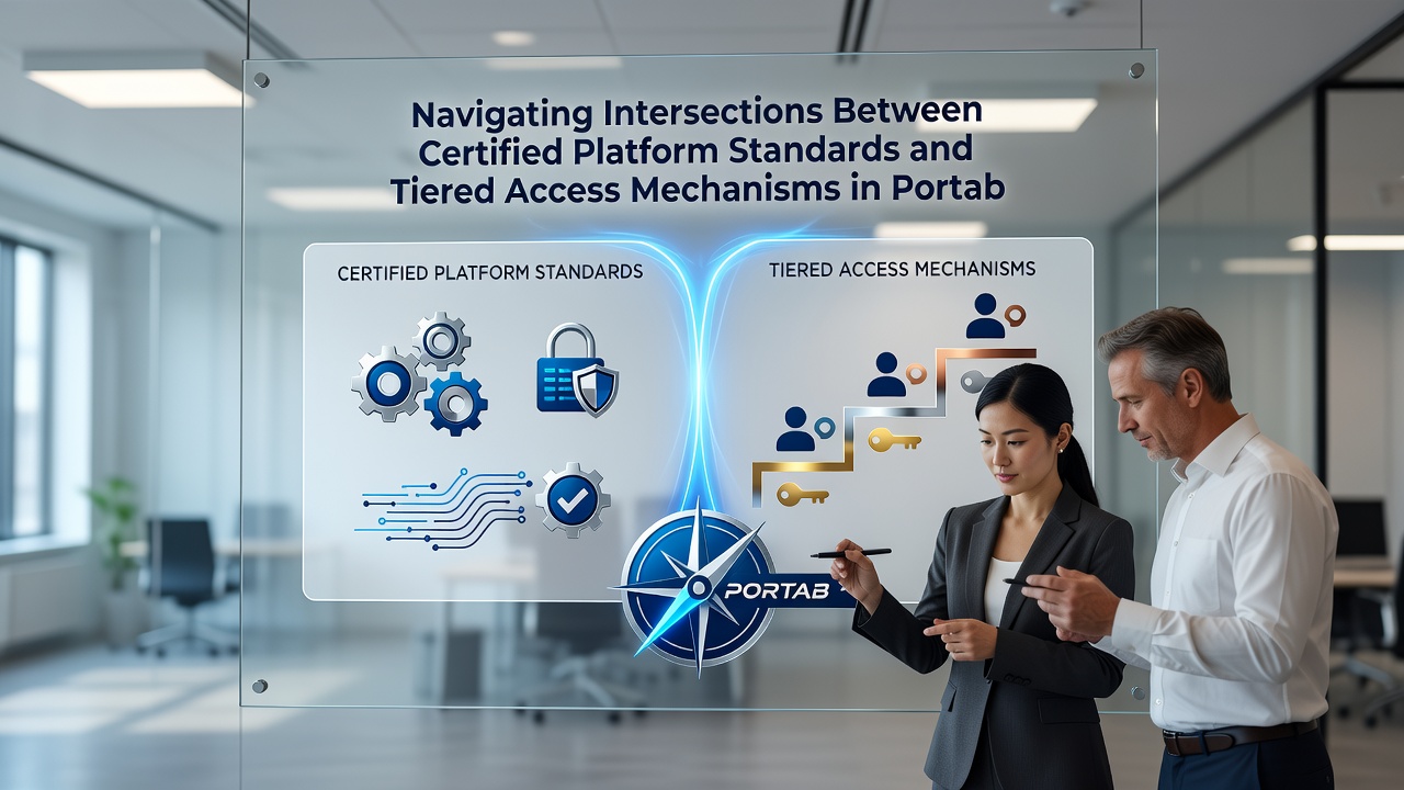 Developers reviewing certification dashboards alongside access tier configuration panels on portable devices