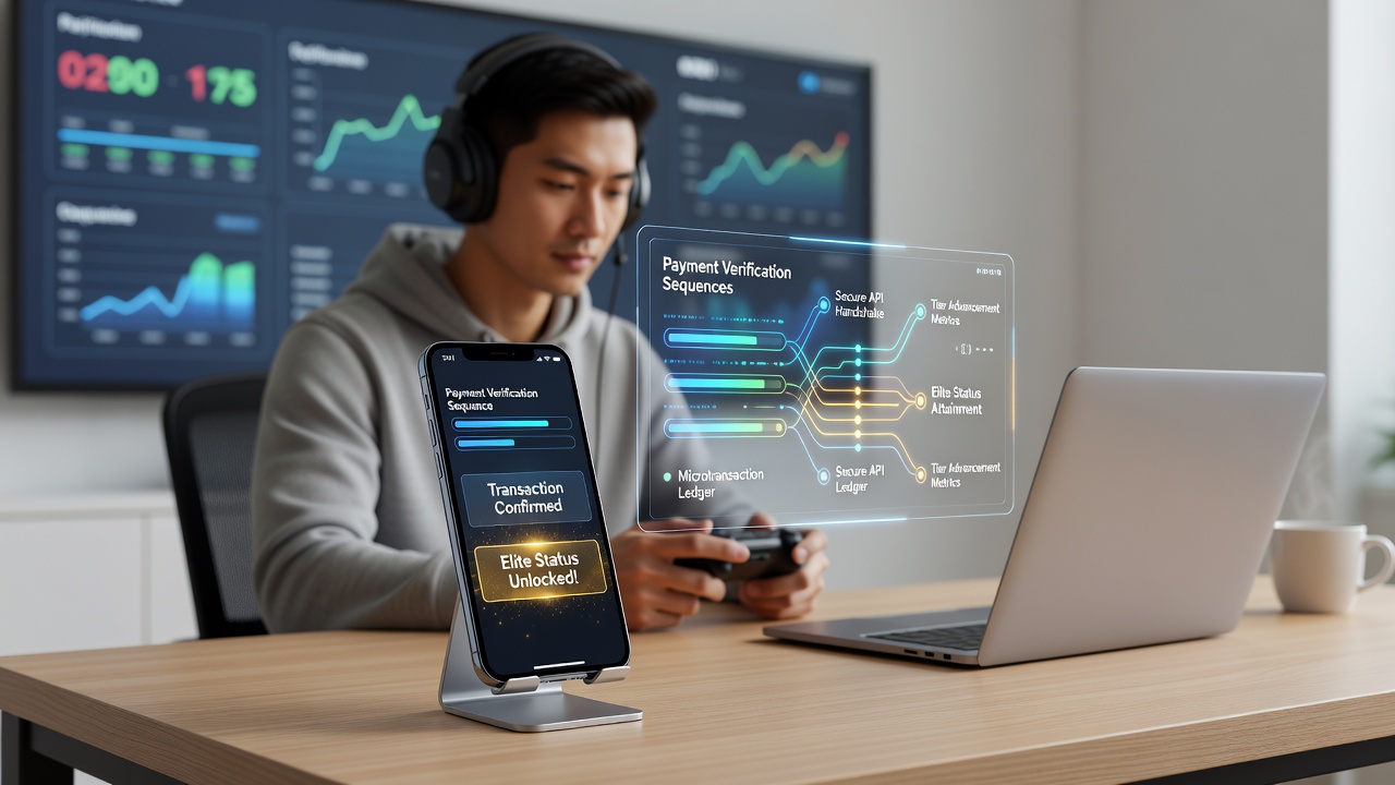 Mobile device displaying live gaming session with overlaid payment verification status and VIP tier progress indicators