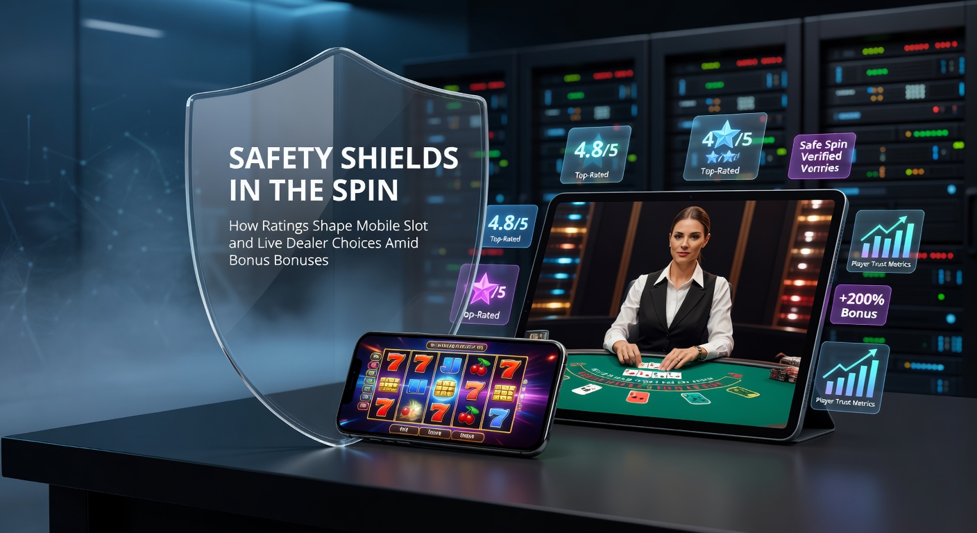Digital interface showing casino ratings and safety badges next to slot reels and live dealer tables