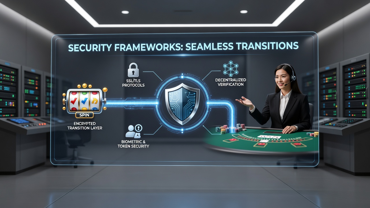 Close-up of portable device illustrating encrypted data pathways during game type transitions in casino applications