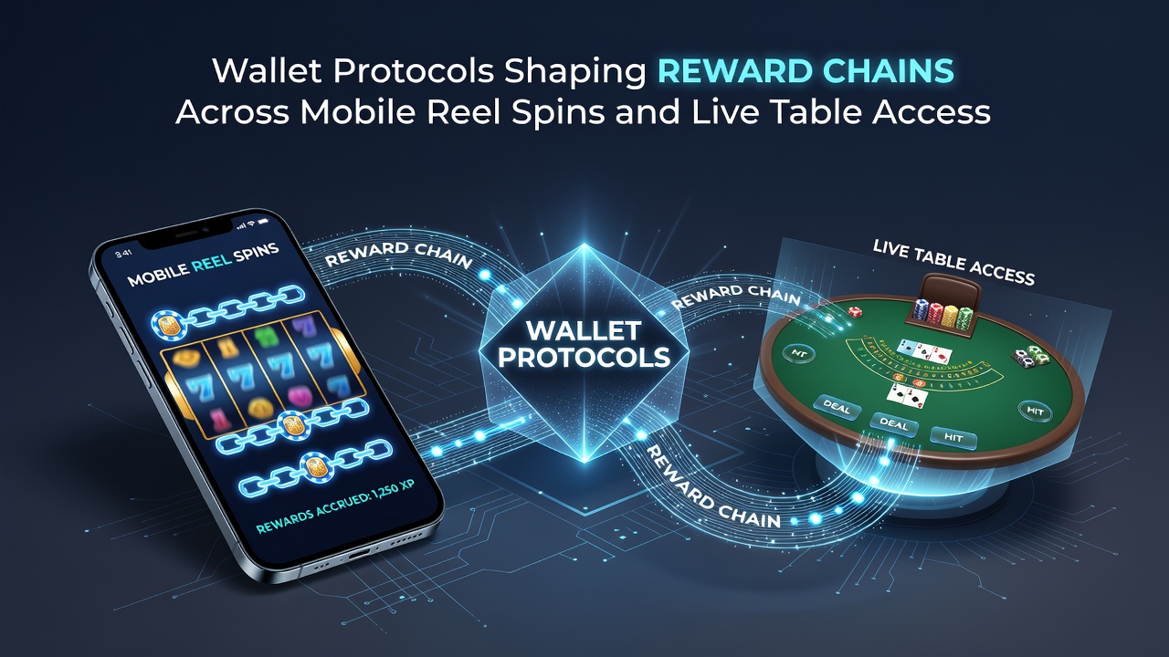 Illustration of interconnected wallet protocol linking slot machines to live casino tables on mobile screens